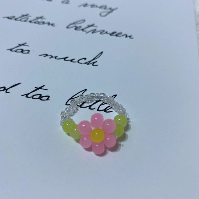 AOMU 2020 Fashion Crystal Beaded Rings Cute Minimalist Coloful Beads Geometric Stacked Fine Rings for Women Party Gift Jewelry