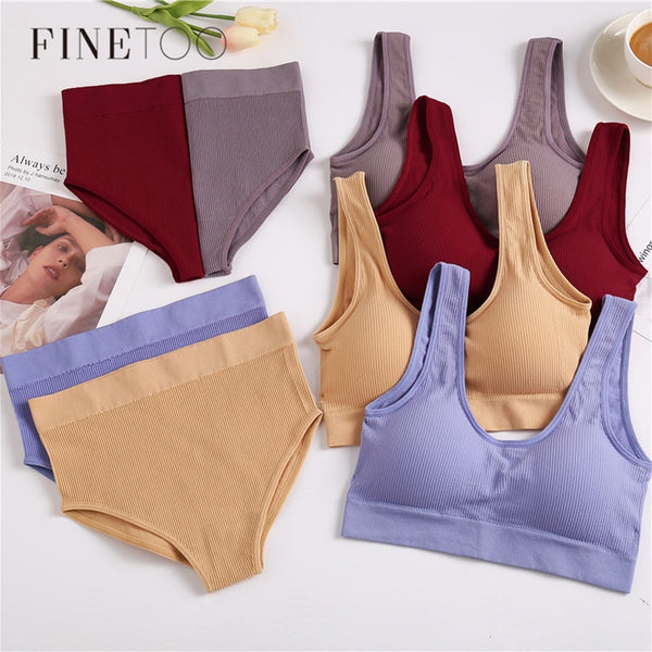FINETOO Seamless Tops Set High Waist Panties Women Wireless Underwear Suit Soft Padded Bras Set S-XL Backless Bralette Lingerie