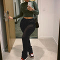 BOOFEENAA Street Style Gray Sweatpants for Women Drawstring Casual Extra Long Stacked Pants Winter Thick Warm Trousers C85-CD57
