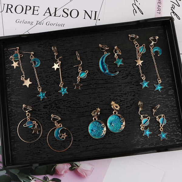 Korea Style Asymmetrical Fresh Enamel Blue Star Moon Planet  Circle Clip on Earrings Non Pierced For Girl Women Party Gift