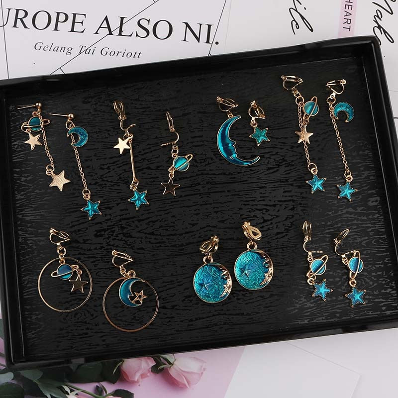 Korea Style Asymmetrical Fresh Enamel Blue Star Moon Planet  Circle Clip on Earrings Non Pierced For Girl Women Party Gift