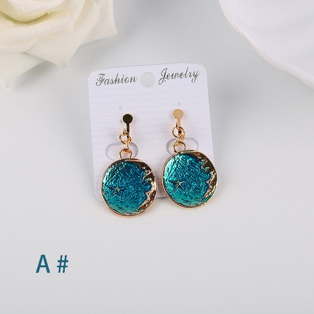 Korea Style Asymmetrical Fresh Enamel Blue Star Moon Planet  Circle Clip on Earrings Non Pierced For Girl Women Party Gift