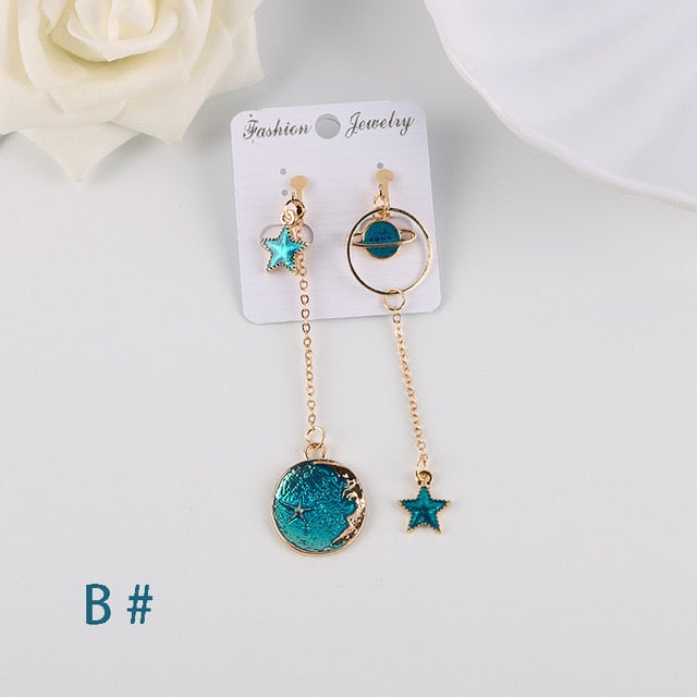 Korea Style Asymmetrical Fresh Enamel Blue Star Moon Planet  Circle Clip on Earrings Non Pierced For Girl Women Party Gift