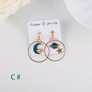 Korea Style Asymmetrical Fresh Enamel Blue Star Moon Planet  Circle Clip on Earrings Non Pierced For Girl Women Party Gift