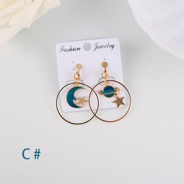 Korea Style Asymmetrical Fresh Enamel Blue Star Moon Planet  Circle Clip on Earrings Non Pierced For Girl Women Party Gift