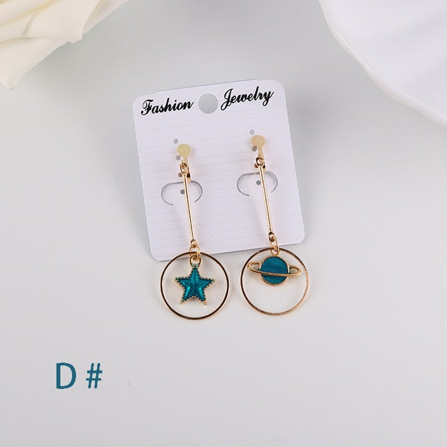 Korea Style Asymmetrical Fresh Enamel Blue Star Moon Planet  Circle Clip on Earrings Non Pierced For Girl Women Party Gift