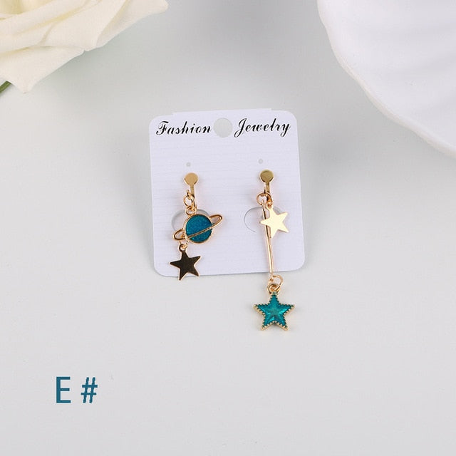 Korea Style Asymmetrical Fresh Enamel Blue Star Moon Planet  Circle Clip on Earrings Non Pierced For Girl Women Party Gift