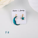 Korea Style Asymmetrical Fresh Enamel Blue Star Moon Planet  Circle Clip on Earrings Non Pierced For Girl Women Party Gift