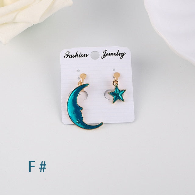 Korea Style Asymmetrical Fresh Enamel Blue Star Moon Planet  Circle Clip on Earrings Non Pierced For Girl Women Party Gift