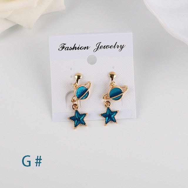 Korea Style Asymmetrical Fresh Enamel Blue Star Moon Planet  Circle Clip on Earrings Non Pierced For Girl Women Party Gift