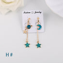 Korea Style Asymmetrical Fresh Enamel Blue Star Moon Planet  Circle Clip on Earrings Non Pierced For Girl Women Party Gift