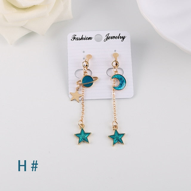 Korea Style Asymmetrical Fresh Enamel Blue Star Moon Planet  Circle Clip on Earrings Non Pierced For Girl Women Party Gift