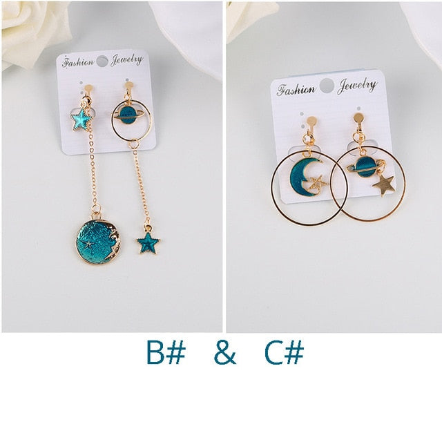 Korea Style Asymmetrical Fresh Enamel Blue Star Moon Planet  Circle Clip on Earrings Non Pierced For Girl Women Party Gift