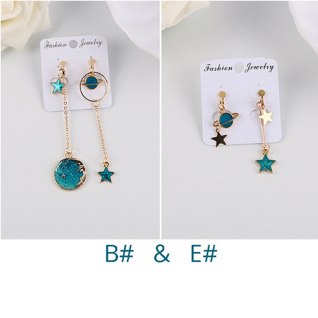 Korea Style Asymmetrical Fresh Enamel Blue Star Moon Planet  Circle Clip on Earrings Non Pierced For Girl Women Party Gift