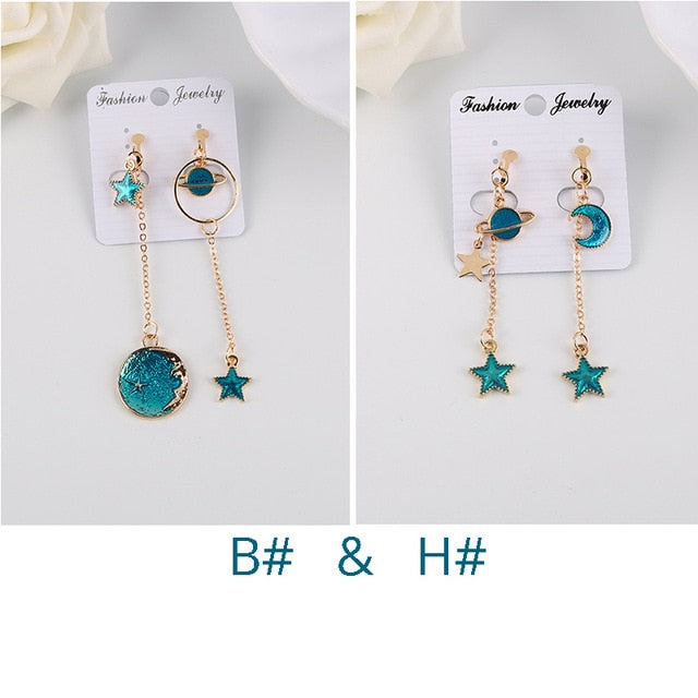 Korea Style Asymmetrical Fresh Enamel Blue Star Moon Planet  Circle Clip on Earrings Non Pierced For Girl Women Party Gift