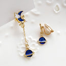 Korea Style Asymmetrical Fresh Enamel Blue Star Moon Planet  Circle Clip on Earrings Non Pierced For Girl Women Party Gift