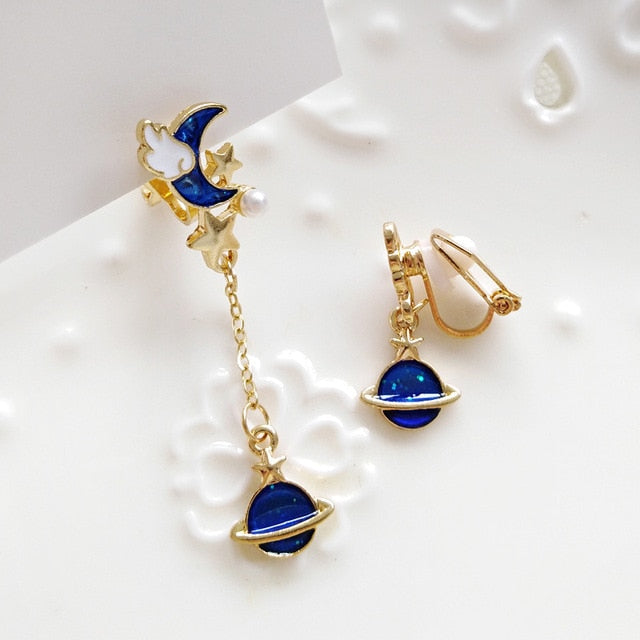 Korea Style Asymmetrical Fresh Enamel Blue Star Moon Planet  Circle Clip on Earrings Non Pierced For Girl Women Party Gift