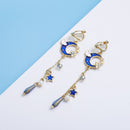 Korea Style Asymmetrical Fresh Enamel Blue Star Moon Planet  Circle Clip on Earrings Non Pierced For Girl Women Party Gift