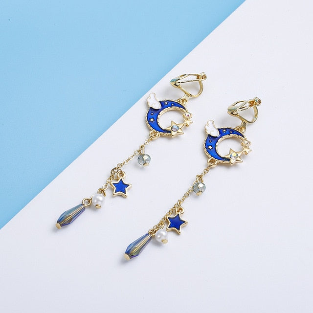 Korea Style Asymmetrical Fresh Enamel Blue Star Moon Planet  Circle Clip on Earrings Non Pierced For Girl Women Party Gift