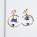 Korea Style Asymmetrical Fresh Enamel Blue Star Moon Planet  Circle Clip on Earrings Non Pierced For Girl Women Party Gift