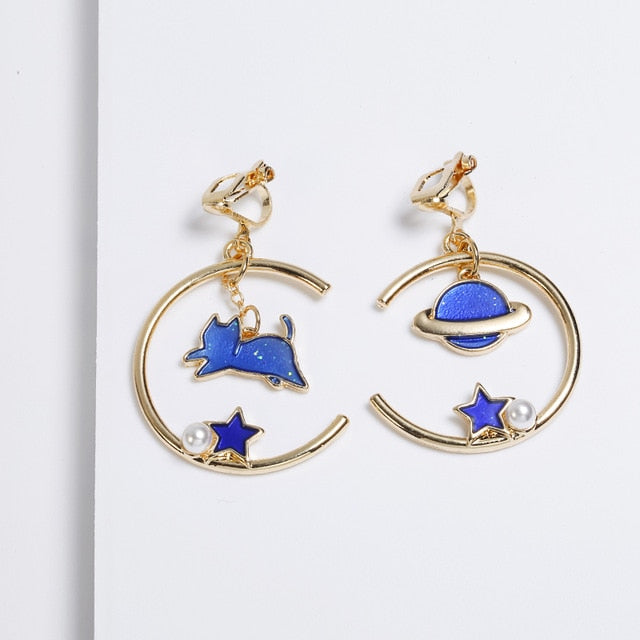 Korea Style Asymmetrical Fresh Enamel Blue Star Moon Planet  Circle Clip on Earrings Non Pierced For Girl Women Party Gift