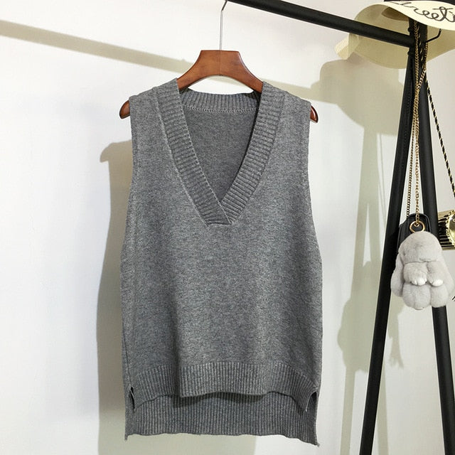 sweater autumn and winter new Korean loose wild sweater vest sleevele V neck knitted vest women&