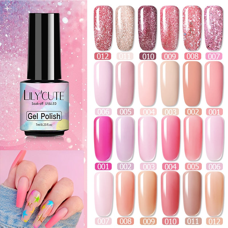 LILYCUTE 7ML Semi-transparent Nail Gel Rose Gold Nude Color Glitter Gel Soak Off UV Led Nail Gel Polish Nail Art Varnishes