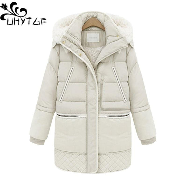 UHYTGF Winter jacket women's hooded down jacket casual warm coat female quality lambswool Thicken 3XL plus size outerwear 1258
