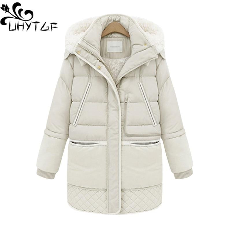 UHYTGF Winter jacket women's hooded down jacket casual warm coat female quality lambswool Thicken 3XL plus size outerwear 1258