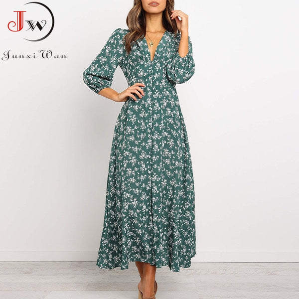 Women Chiffon Long Dress Floral Print Lantern Sleeve A-line Maxi Vestidos Autumn New Elegant Vintage V Neck Winter Dresses