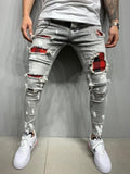 Men's Quilted Embroidered jeans Skinny Jeans Ripped Grid Stretch Denim Pants MAN Elastic Waist Patchwork Jogging Denim Trousers