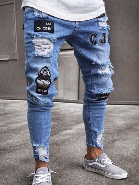 Men's Quilted Embroidered jeans Skinny Jeans Ripped Grid Stretch Denim Pants MAN Elastic Waist Patchwork Jogging Denim Trousers