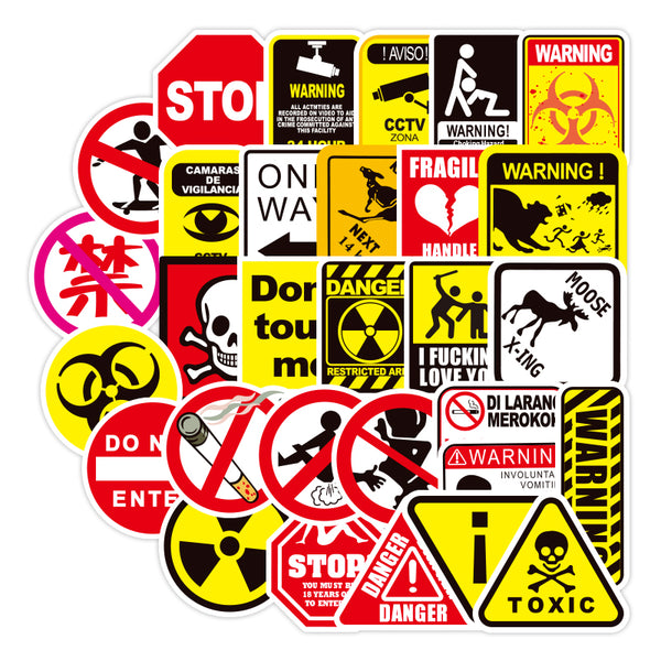 50 Pcs Warning Signs Stickers for Laptop Motorcycle Bike Luggage Guitar Home Decor DIY Danger Banning Reminder Funny Sticker