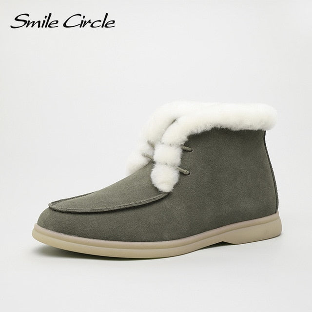 Smile Circle Women Snow Boots Natural fur Genuine Leather Ankle Boots Winter Comfortable Flat Wool Boots Women Shoes