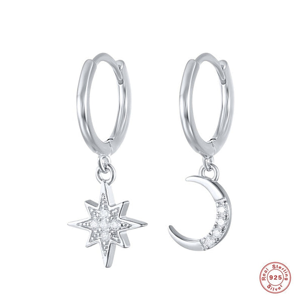Prevent allergy 925 Sterling Silver  Asymmetrical Star Moon Earrings Crystal Charms Stud Earrings For Women Girls Jewelry eh375