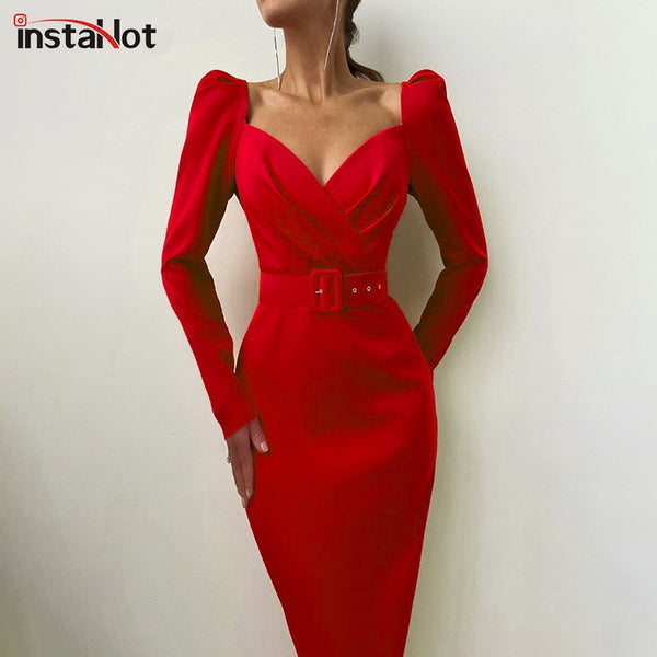 InstaHot Elegant Party Women Dress Slim V Neck Long Sleeve Mid Calf Pencil Dress 2020 Casual Office Lady Solid Red Puff Sleeve
