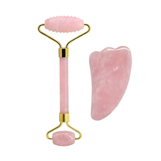 Natural Rose Quartz Jade Roller Set Real Jade Gouache Scraper Jade Massager Gua Sha Board Facial Massager Face Massage Roller