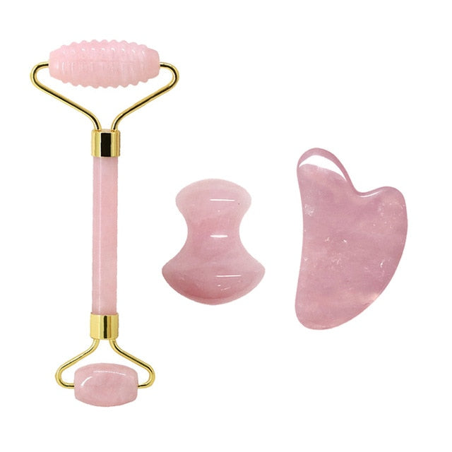 Natural Rose Quartz Jade Roller Set Real Jade Gouache Scraper Jade Massager Gua Sha Board Facial Massager Face Massage Roller