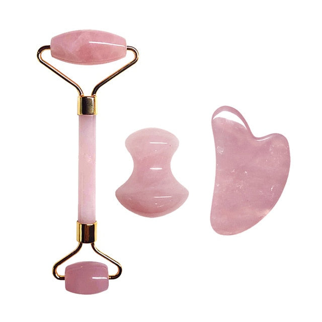 Natural Rose Quartz Jade Roller Set Real Jade Gouache Scraper Jade Massager Gua Sha Board Facial Massager Face Massage Roller