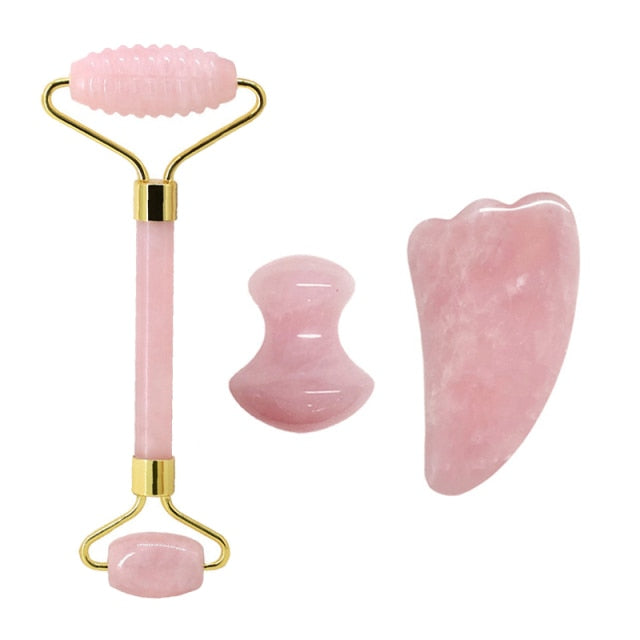 Natural Rose Quartz Jade Roller Set Real Jade Gouache Scraper Jade Massager Gua Sha Board Facial Massager Face Massage Roller