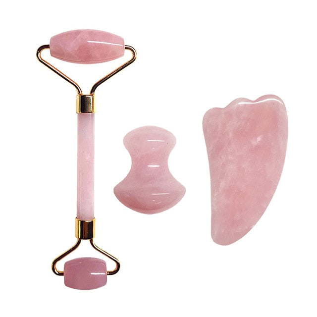Natural Rose Quartz Jade Roller Set Real Jade Gouache Scraper Jade Massager Gua Sha Board Facial Massager Face Massage Roller