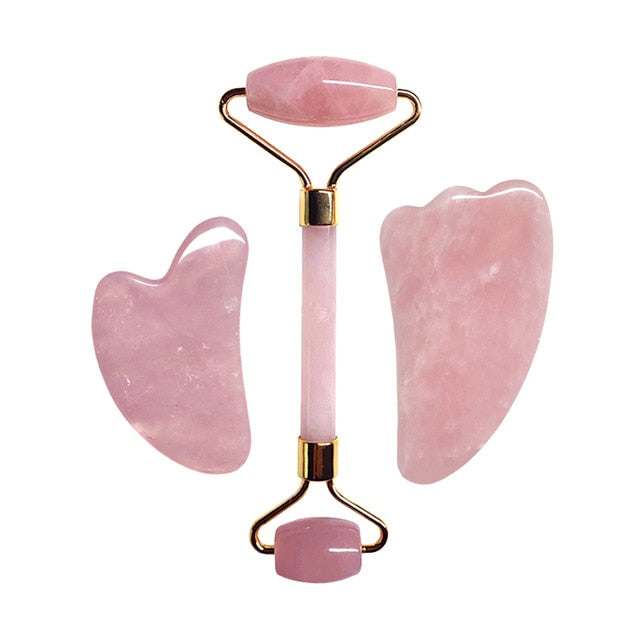 Natural Rose Quartz Jade Roller Set Real Jade Gouache Scraper Jade Massager Gua Sha Board Facial Massager Face Massage Roller