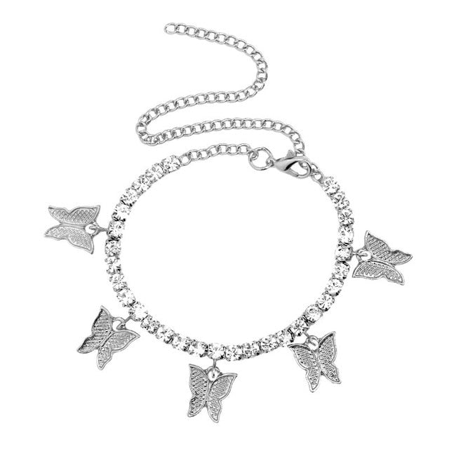 Caraquet 2021 Iced Out Crystal Butterfly Anklets for Women Bling Rhinestone Chain Ankle Bracelet Beach Barefoot Female Jewelry