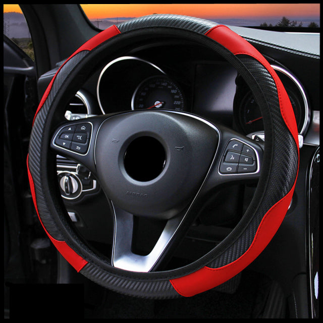 Car Steering Wheel Cover Breathable Anti Slip PU Leather Steering Covers Suitable 37-38cm Auto Decoration Carbon Fiber