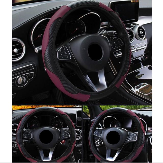 Car Steering Wheel Cover Breathable Anti Slip PU Leather Steering Covers Suitable 37-38cm Auto Decoration Carbon Fiber