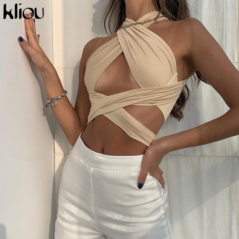 Kliou Solid Halter Crop Tops Women Bandage Hole Sexy Backless Tanks Vest Skinny Party Clubwear Female Hot Outwear Outfits Summer