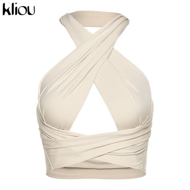 Kliou Solid Halter Crop Tops Women Bandage Hole Sexy Backless Tanks Vest Skinny Party Clubwear Female Hot Outwear Outfits Summer