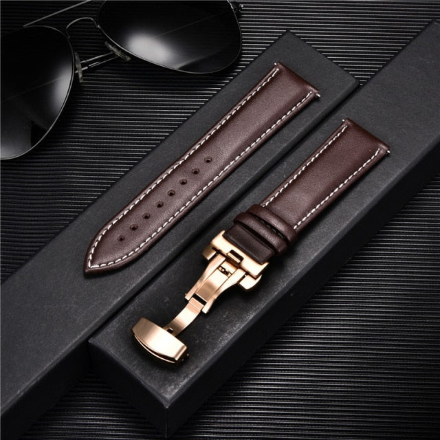 Smooth Genuine Calfskin Leather Watchband 18mm 20mm 22mm 24mm Straps with Solid Automatic Butterfly Buckle Business Watch Band