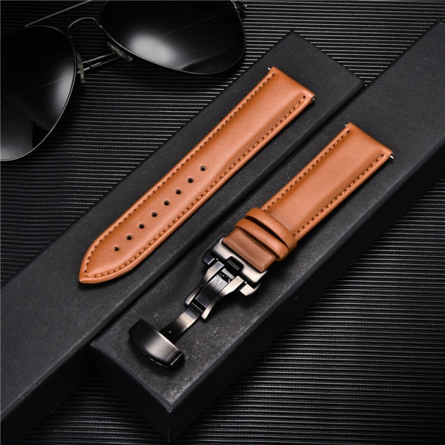 Smooth Genuine Calfskin Leather Watchband 18mm 20mm 22mm 24mm Straps with Solid Automatic Butterfly Buckle Business Watch Band