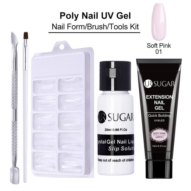UR SUGAR 15ml Poly UV Nail Gel Kit Acrylic Set Extend Fast Builder UV Gel Slip Solution Nail Form Nail Art Brush Nail Tool Kit